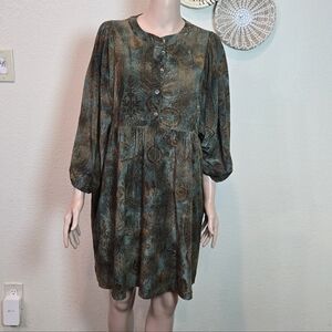 Jodifl Sz Large Velvet Green/ Bronze Babydoll Button Up Dress 3/4 Sleeve